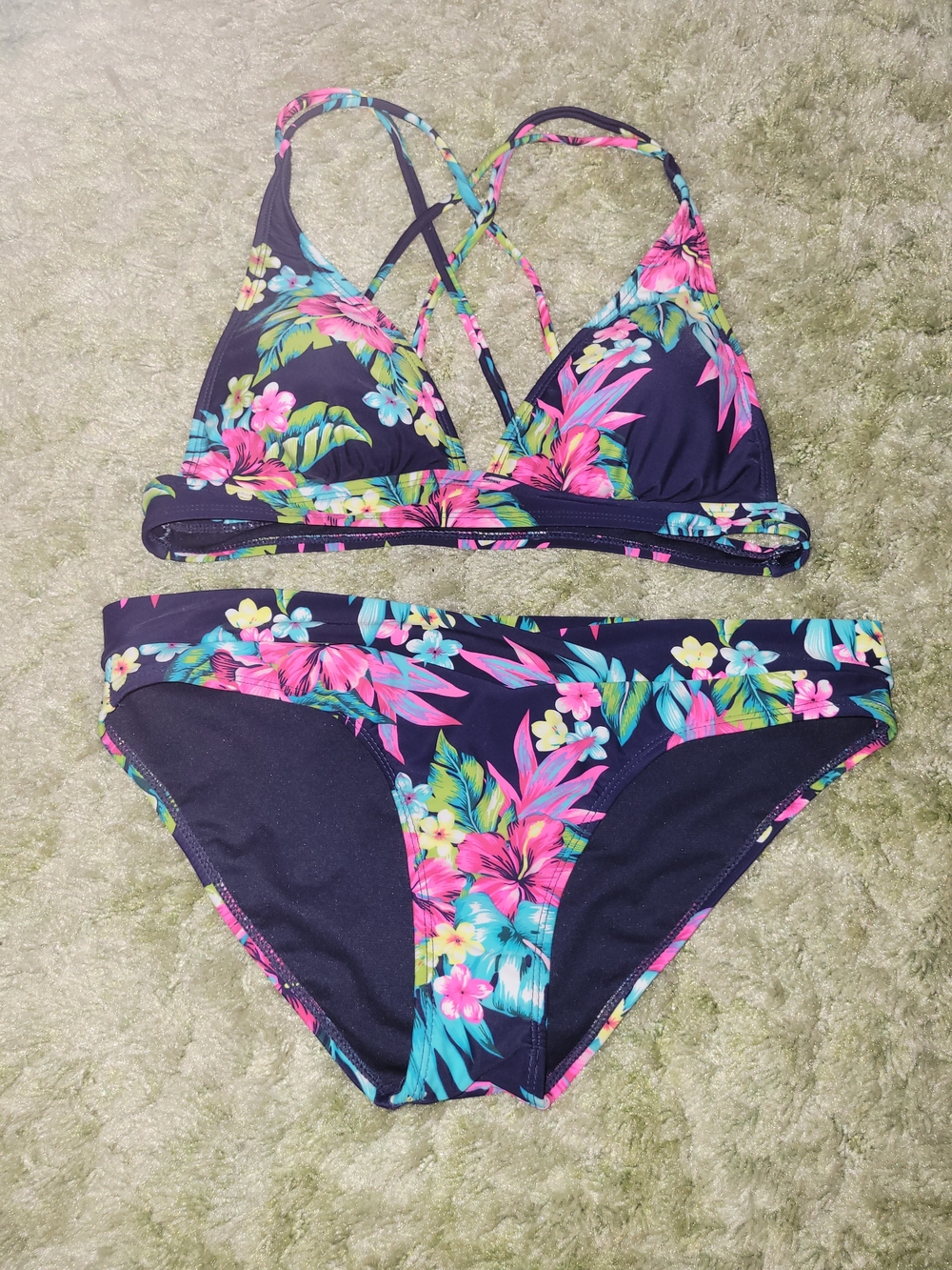 Floral Crisscross Bikini Set - Navy with Pink & Teal Flowers